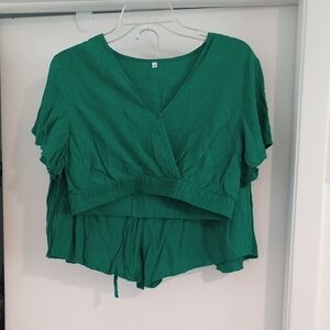 Green V-Neck Women's 2pc Set